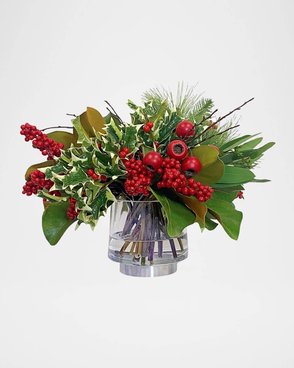 Pine Berry 16" Faux Floral Arrangement in Glass Container